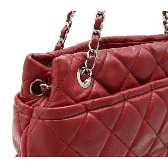 Chanel Matelasse Caviar Skin Here Mark Chain Tote Bag Leather Red Silver - Picture 7 of 9